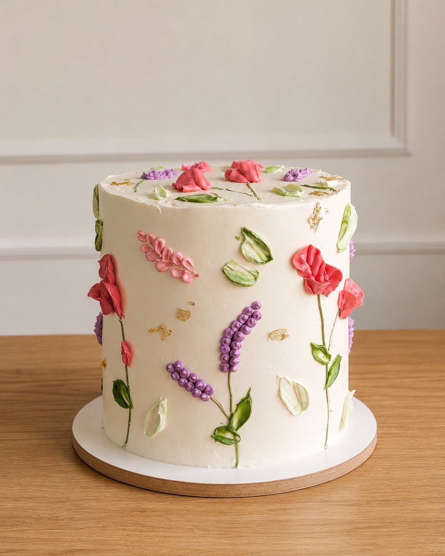 Bolo Garden em buttercream branco com flores coloridas feitas com bico e espátula